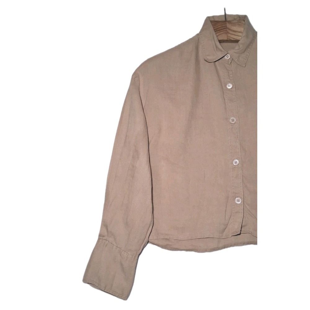 Zara Womens 100% Linen Cropped Button Down Shirt Brown Medium Boxy minimalist - Picture 3 of 9